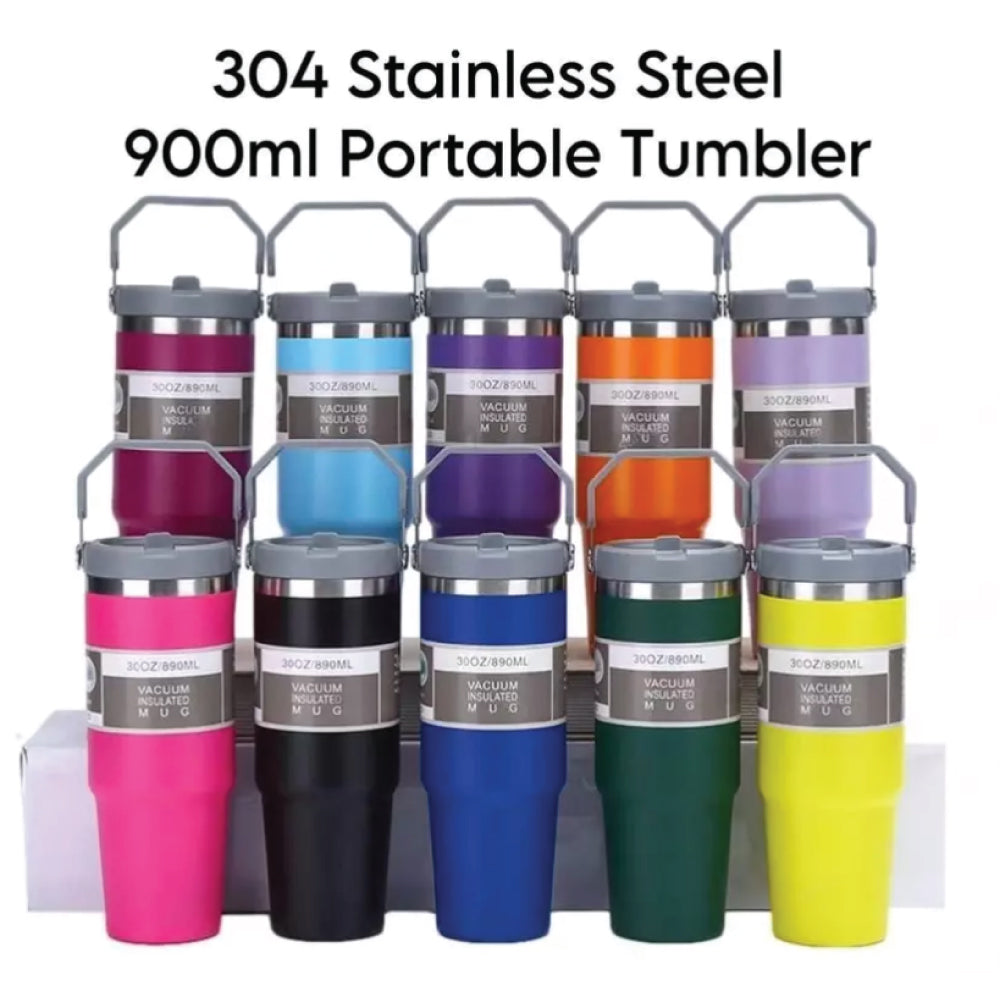 304 Stainless Steel Insulated Water Bottle 900ml – Vacuum Thermo Tumbler with Straw & Handle