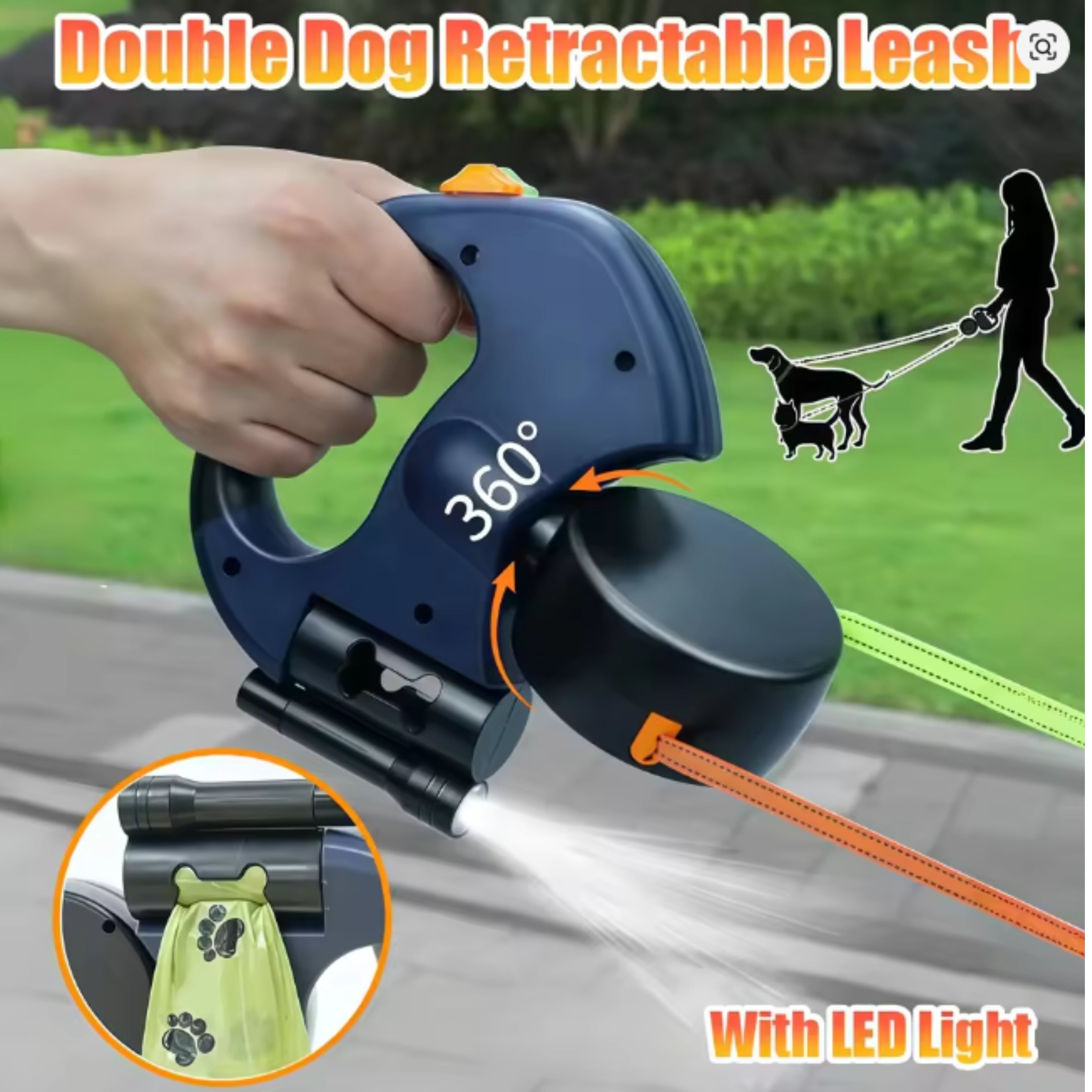 DualControl Retractable Dog Leash with LED Light