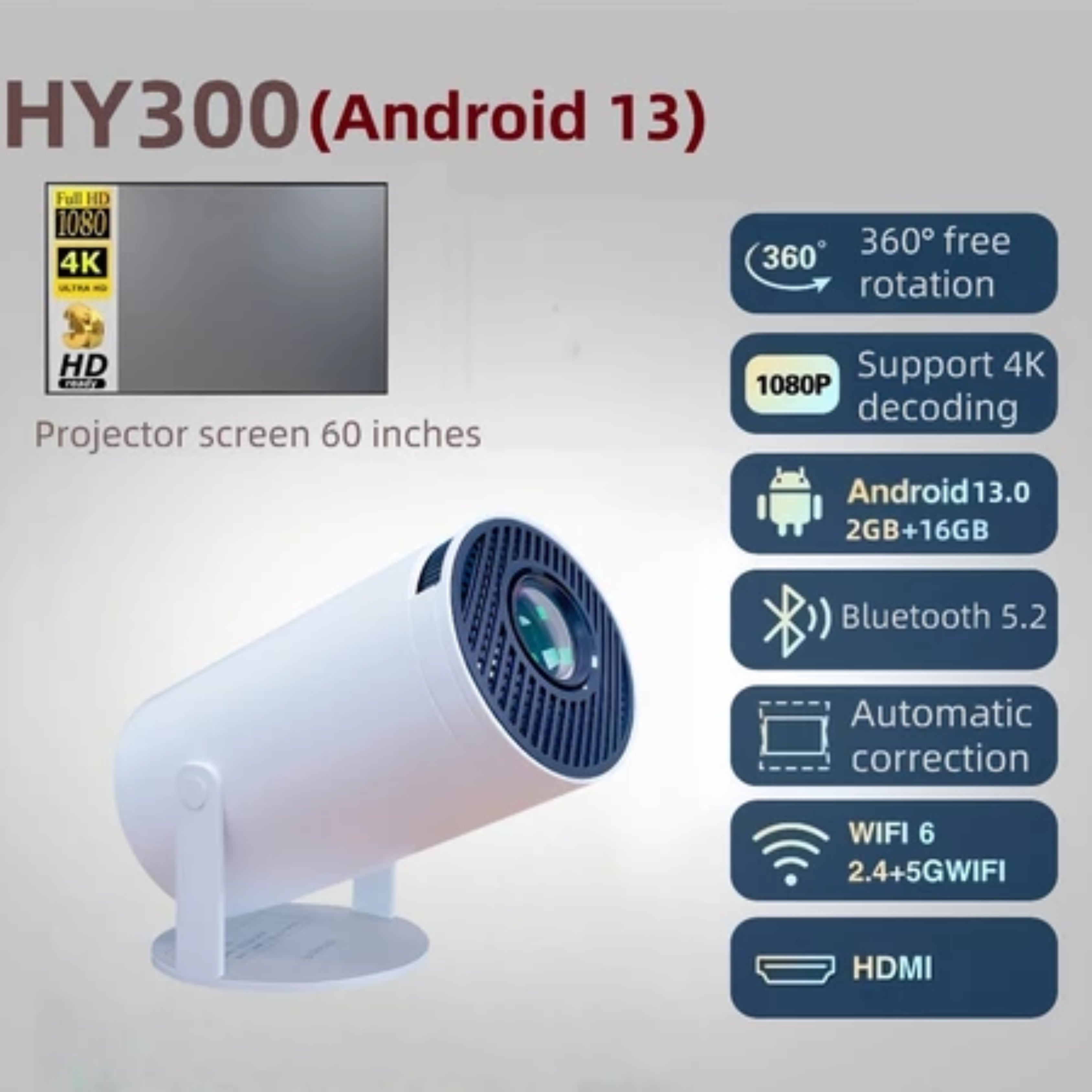 Magcubic HY300 Portable Projector 4K Home Cinema Android 13 Projector Portable 1080P Dual WiFi Bluetooth Large Screen Display