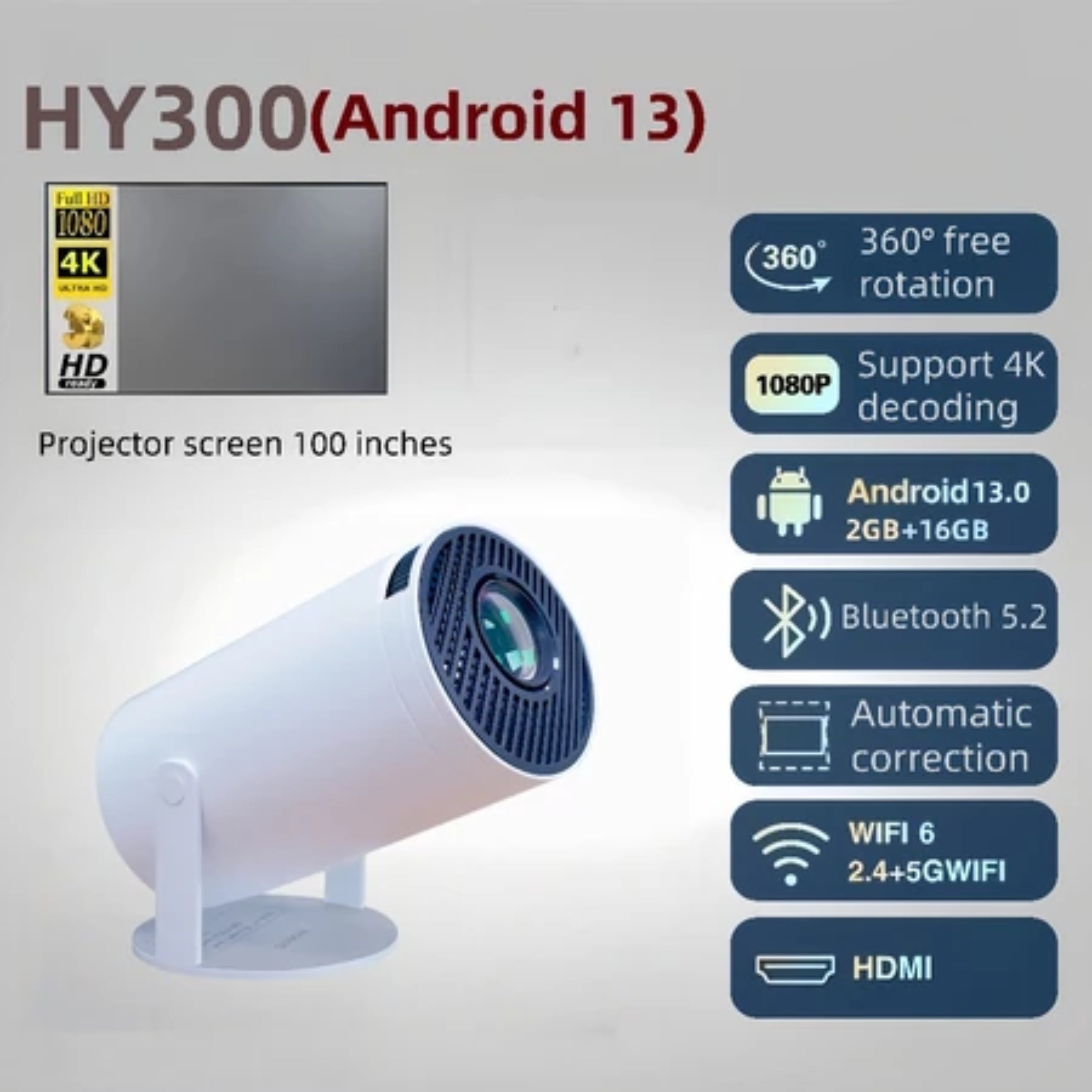 Magcubic HY300 Portable Projector 4K Home Cinema Android 13 Projector Portable 1080P Dual WiFi Bluetooth Large Screen Display