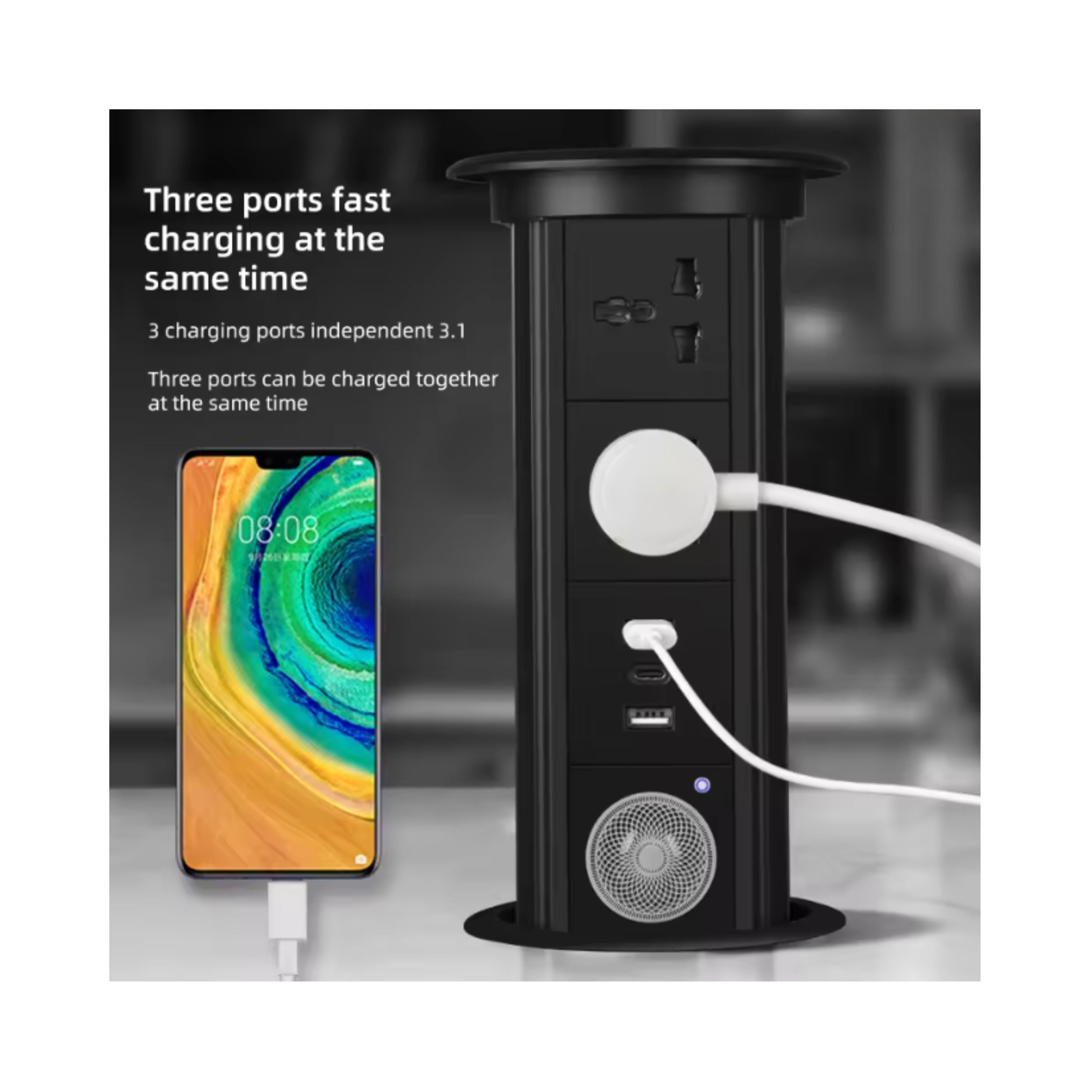 Herepow Automatic Pop‑Up Socket Universal Standard Plug Adapter (EU/FR/UK/US) with USB-C & Bluetooth Audio Lift