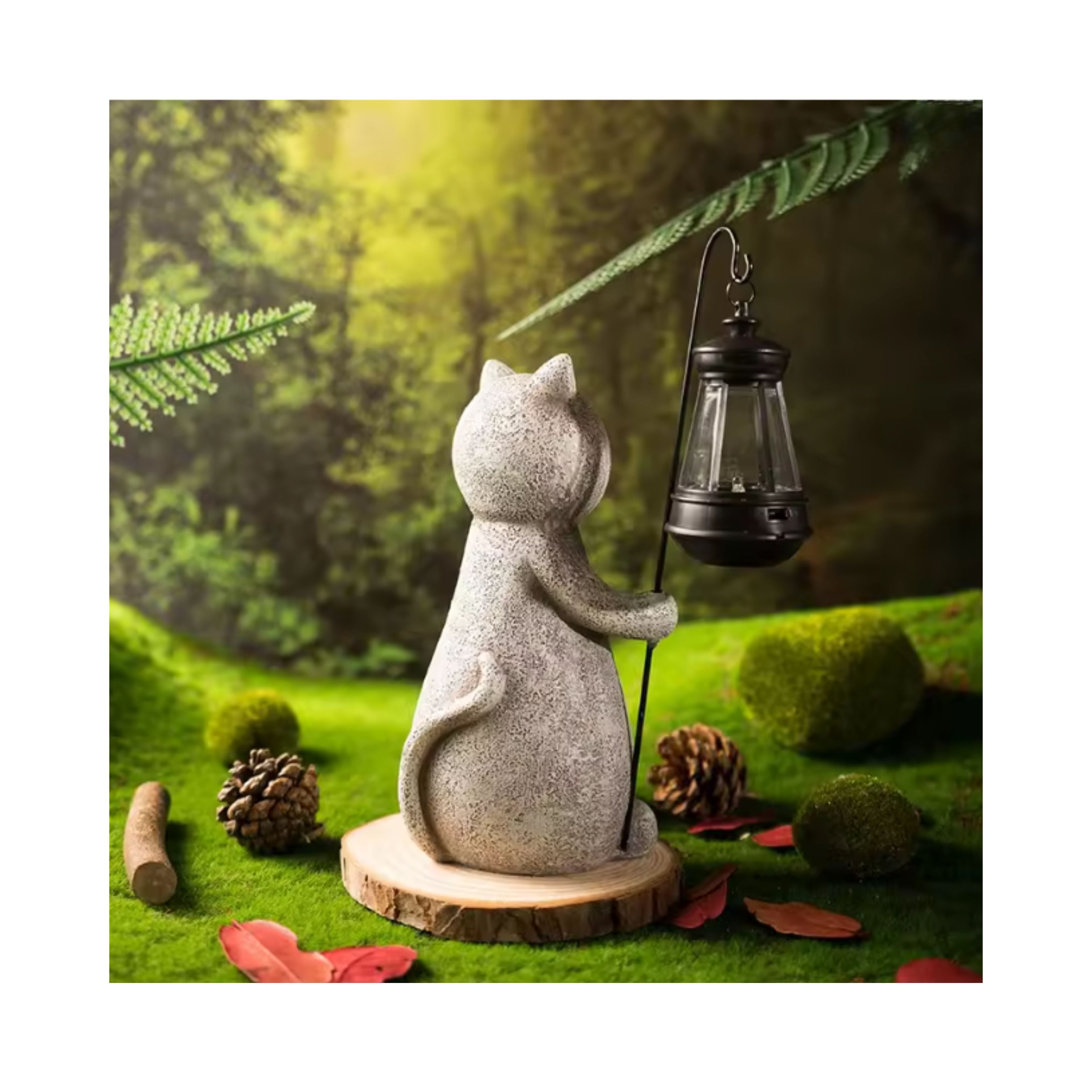 Vilead Solar Cat Figurine Gray Statues Garden Decor with LED Light