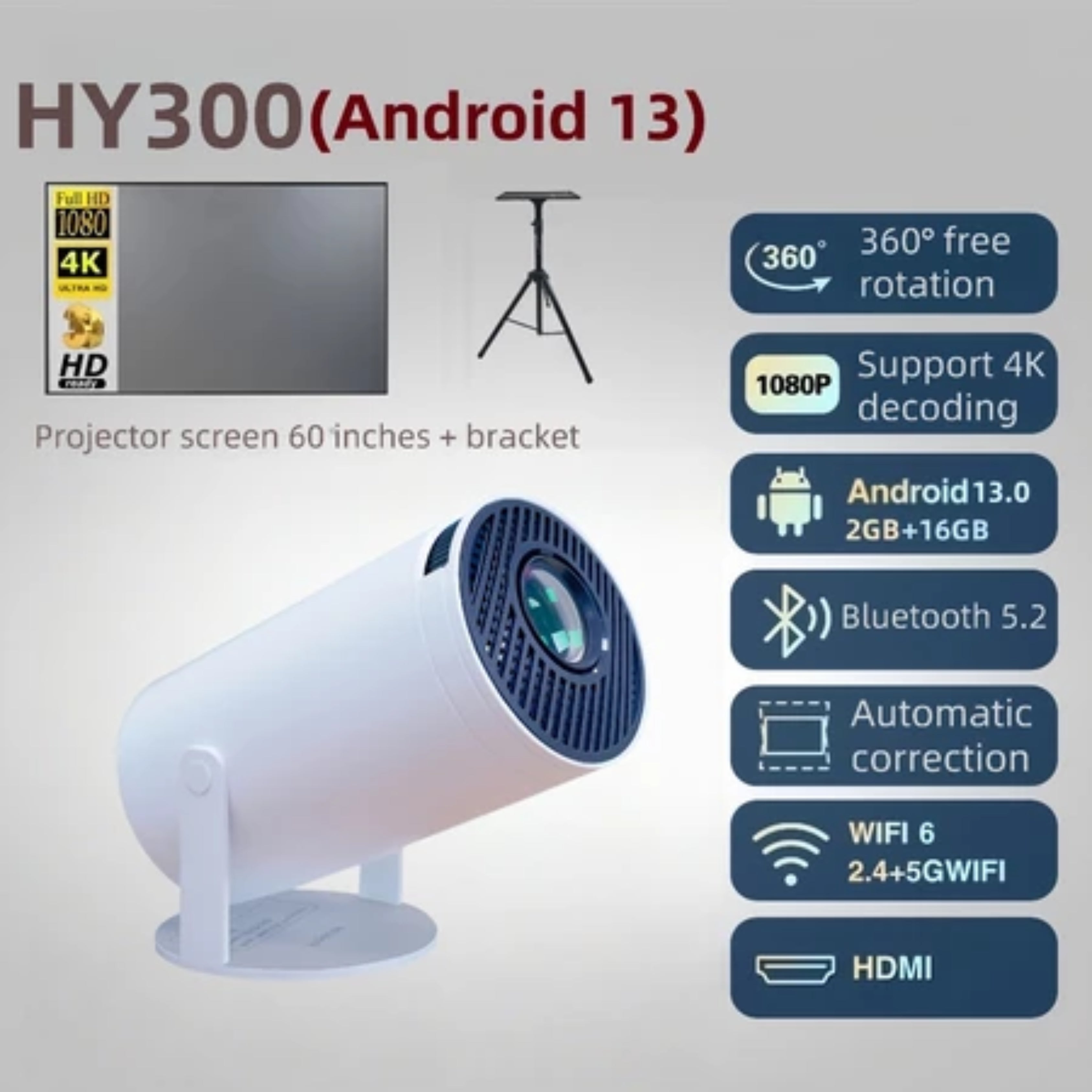 Magcubic HY300 Portable Projector 4K Home Cinema Android 13 Projector Portable 1080P Dual WiFi Bluetooth Large Screen Display