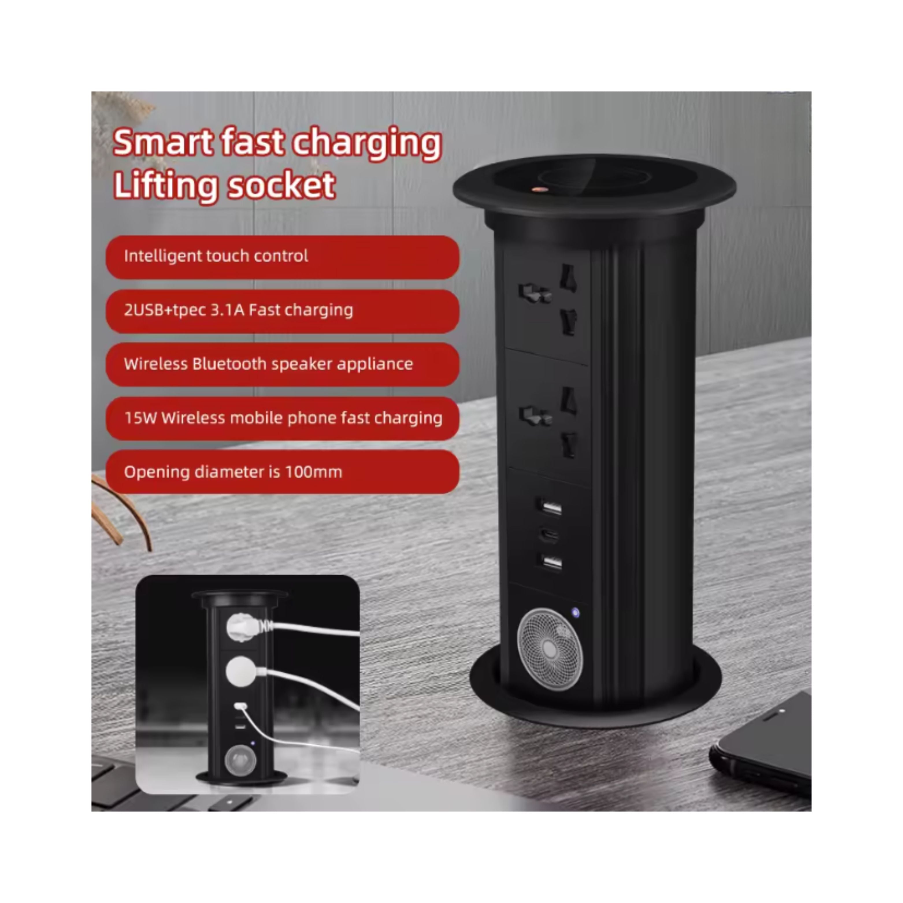 Herepow Automatic Pop‑Up Socket Universal Standard Plug Adapter (EU/FR/UK/US) with USB-C & Bluetooth Audio Lift