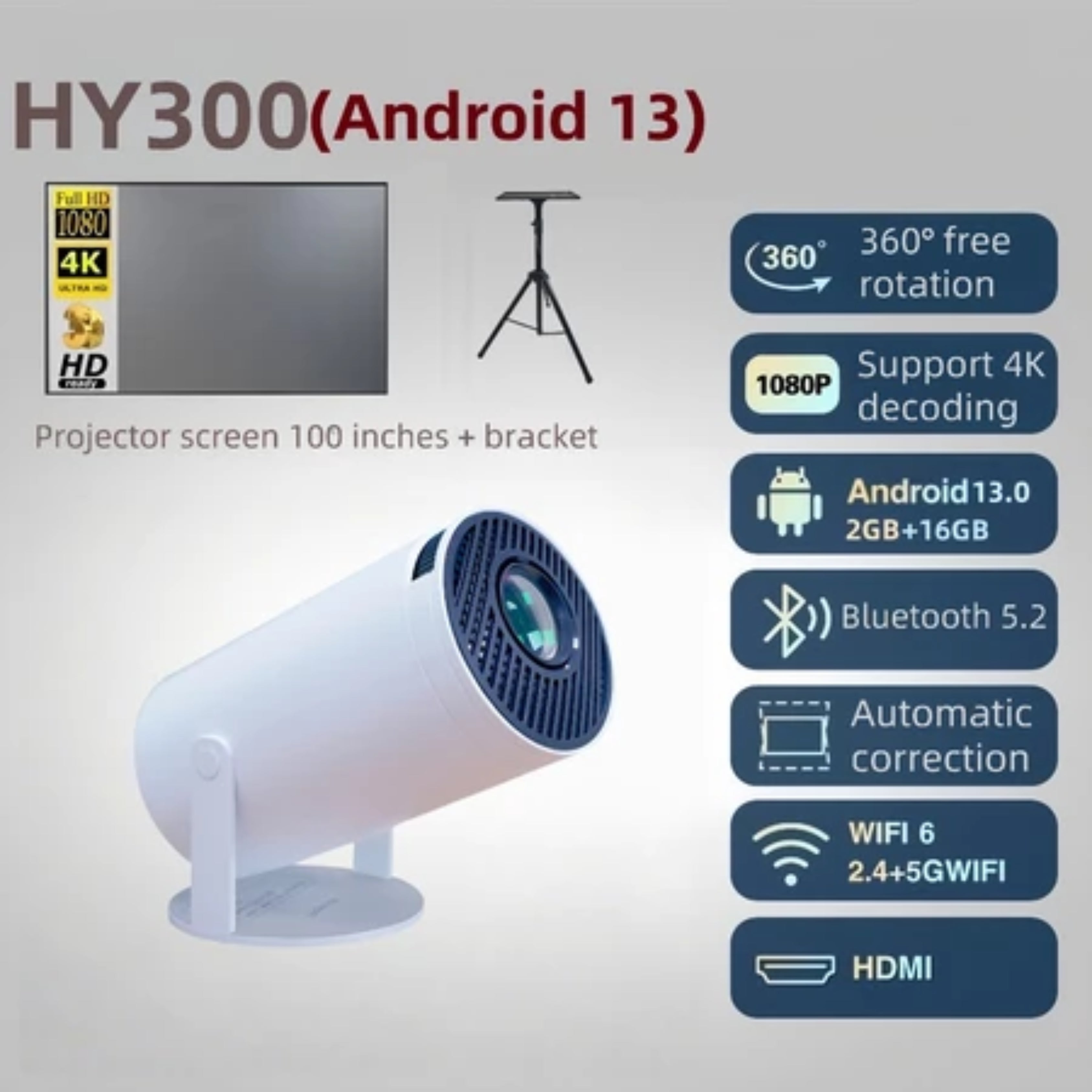 Magcubic HY300 Portable Projector 4K Home Cinema Android 13 Projector Portable 1080P Dual WiFi Bluetooth Large Screen Display